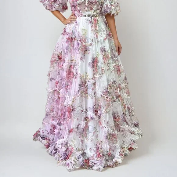 NEW FORMAL SLEEVELESS A-LINE RUCHED FLORAL GOWN W/ OFF SHOULDER SLEEVES JT2887C